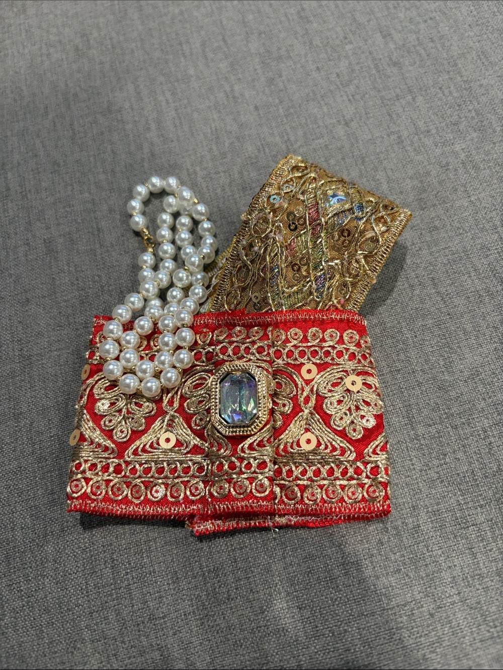 Labubu or Small Doll Embellished Red & Gold Beaded Dress